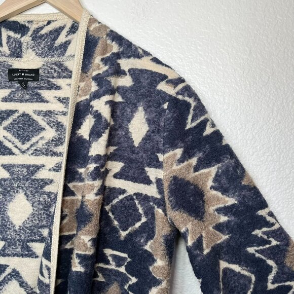 Lucky Brand Fringe Open Front Southwestern Cardigan Sweater Aztec Print boho L - Picture 6 of 11